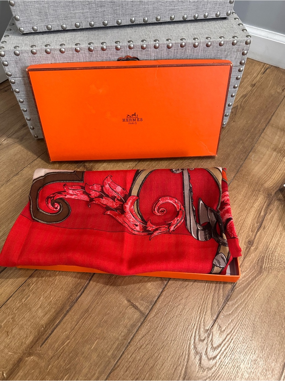 Hermès Red Silk shawl with Baroque Motif